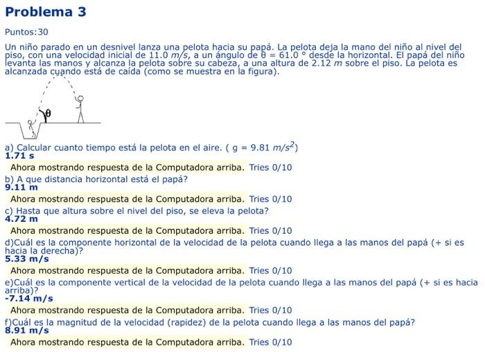 Puntos: 30 Un niño parado en un desnivel lanza una pelota hacia su papá. La pelota deja la mano del niño al nivel del piso, c