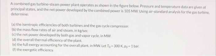 A combined gas turbine-steam power plant operates as shown in the figure below. Pressure and temperature data are given at
pr