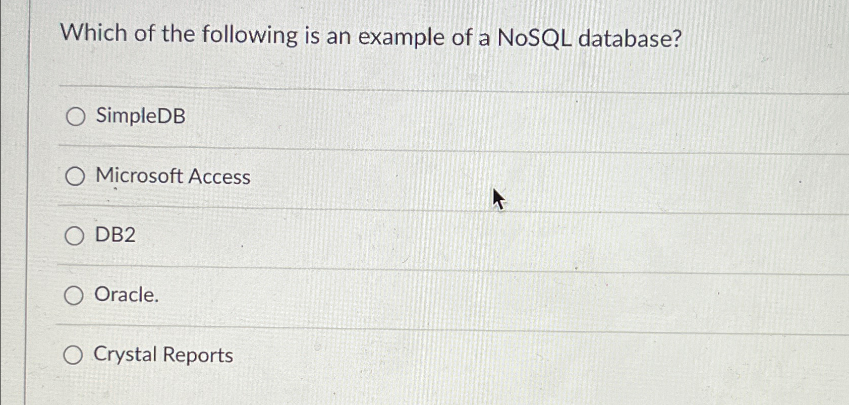 Solved Which of the following is an example of a NoSQL | Chegg.com
