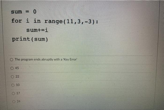Solved sum = 0 for i in range(11,3,-3): sum+=i print (sum) | Chegg.com