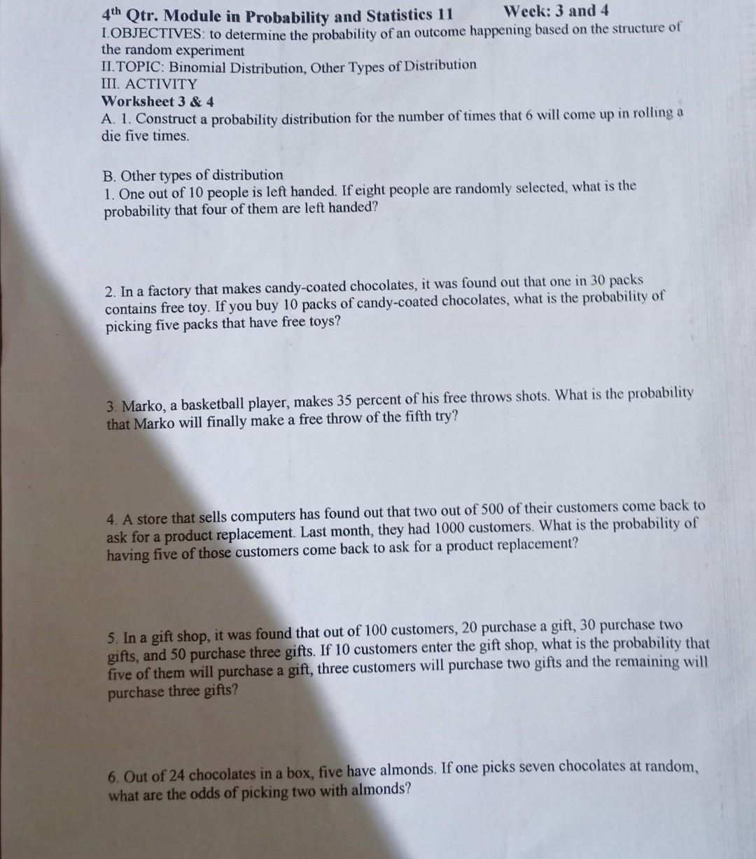 Ii Topic Binomial Distribution Other Types Of Chegg Com