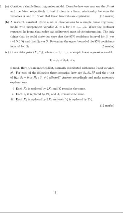 1. (a) Consider a simple linear regression model. | Chegg.com