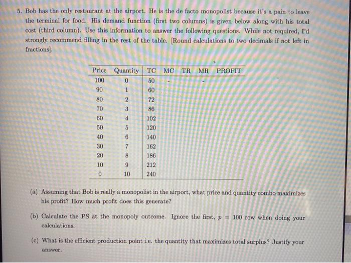 Solved 5 Bob Has The Only Restaurant At The Airport He Chegg Com