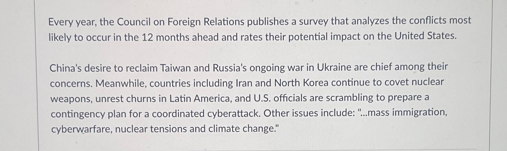 Solved Every year, the Council on Foreign Relations | Chegg.com