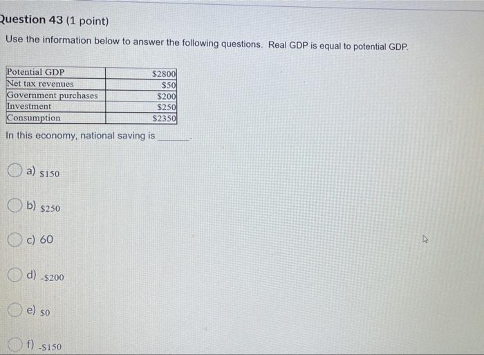 Solved Question 41 (0.5 points) Use the information below to | Chegg.com
