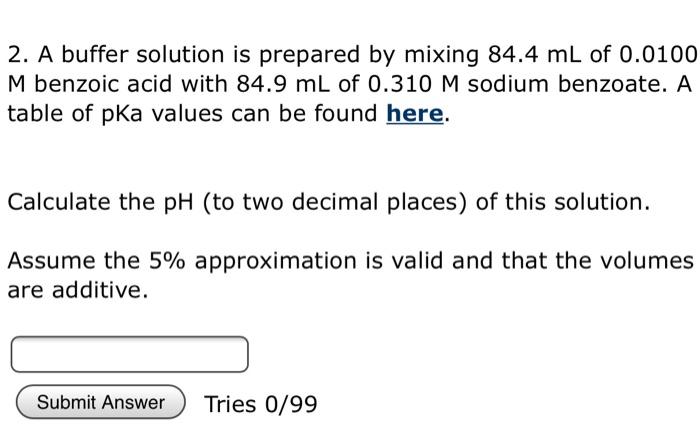 Solved 2. A buffer solution is prepared by mixing 84.4 mL of | Chegg.com