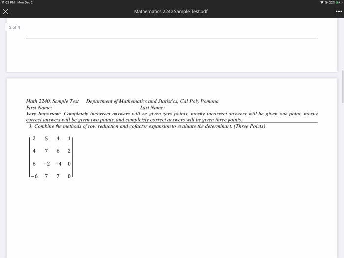 Solved 11:02 PM Mon Dec 2 Mathematics 2240 Sample Test.pdf 2 | Chegg.com