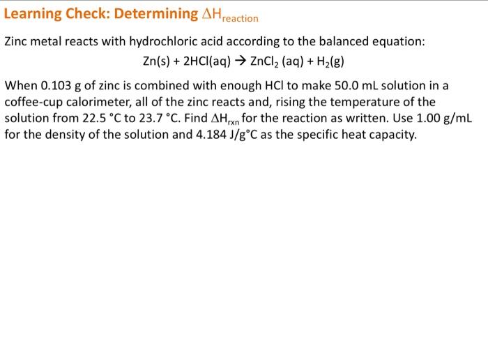 Solved Zinc Metal Reacts With Hydrochloric Acid According To