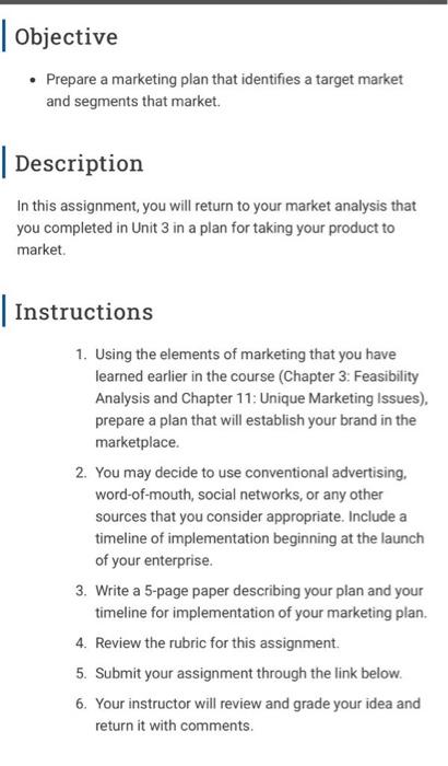 Solved Objective • Prepare a marketing plan that identifies | Chegg.com