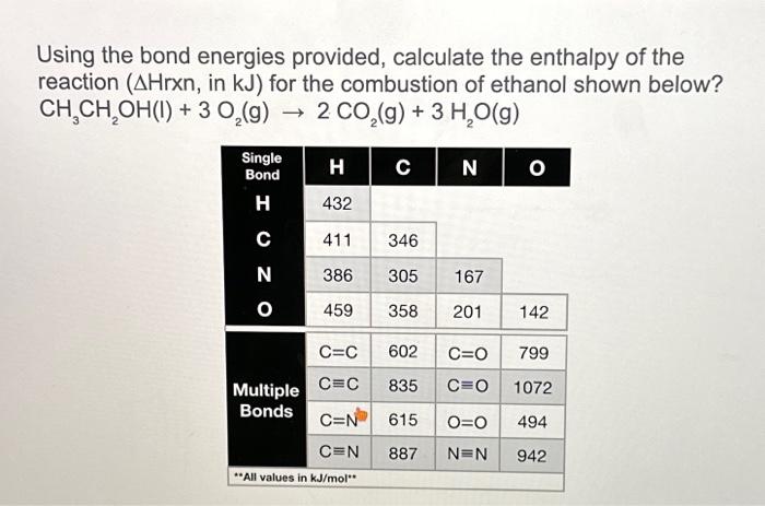 Solved Using the bond energies provided, calculate the | Chegg.com