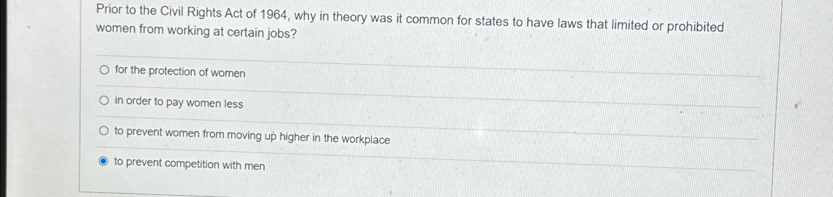 Solved Prior to the Civil Rights Act of 1964, ﻿why in theory | Chegg.com