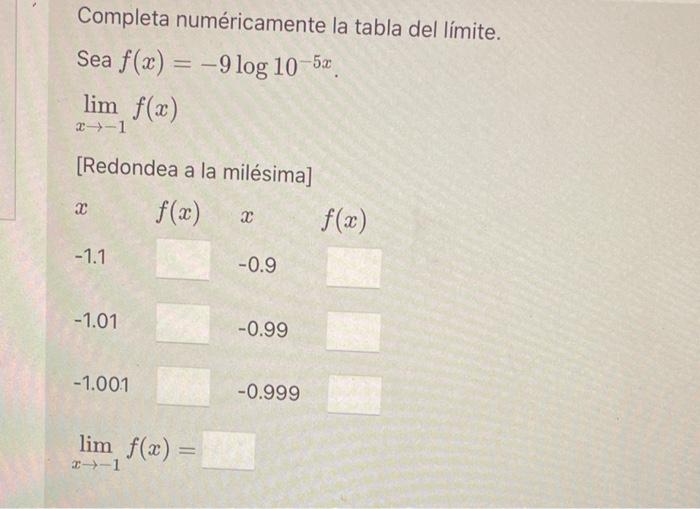 Sea \( f(x)=-9 \log 10^{-5 x} \) \[ \lim _{x \rightarrow-1} f(x) \] [Redondea a la milésima] \[ \lim _{x \rightarrow-1} f(x)=