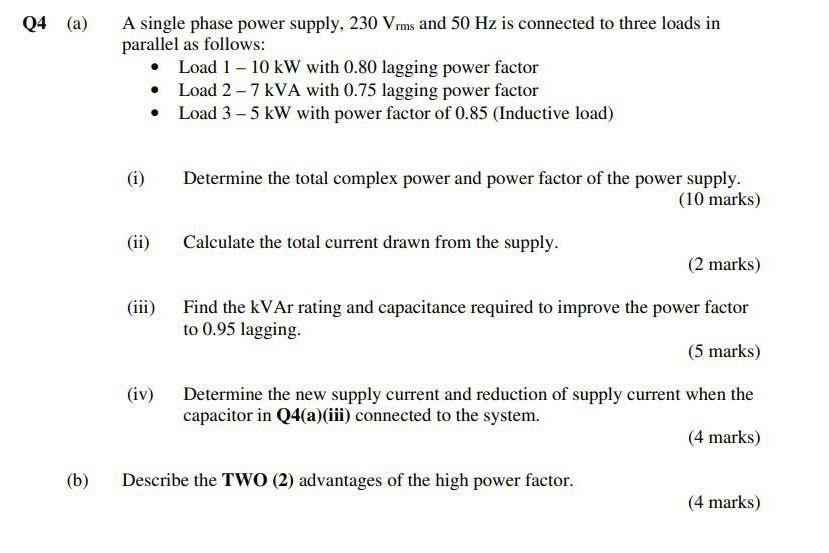 Solved (a) A single phase power supply, 230 Vrms and 50 Hz | Chegg.com