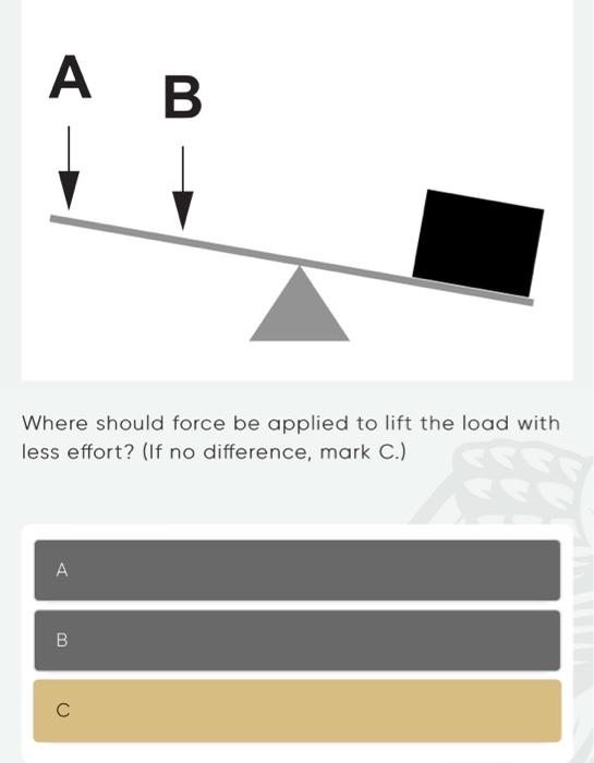 Where should force be applied to lift the load with less effort? (If no difference, mark C.)