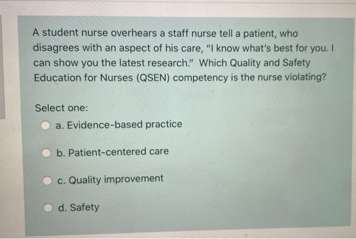 A student nurse overhears a staff nurse tell a patient, who disagrees with an aspect of his care, I know whats best for you