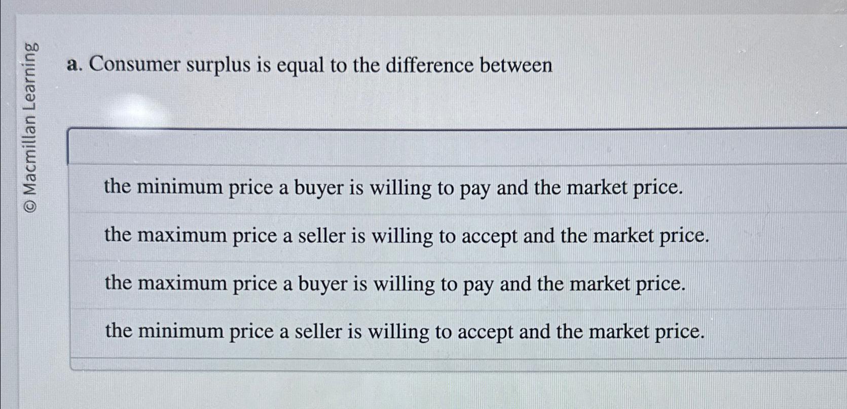 Solved a. ﻿Consumer surplus is equal to the difference | Chegg.com
