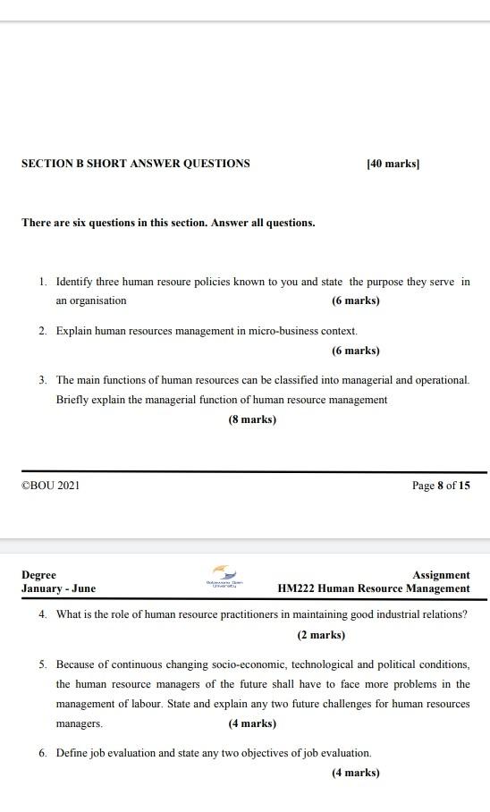 Solved SECTION B SHORT ANSWER QUESTIONS [40 Marks There Are | Chegg.com