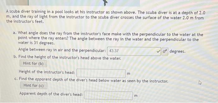 Solved A scuba diver training in a pool looks at his | Chegg.com