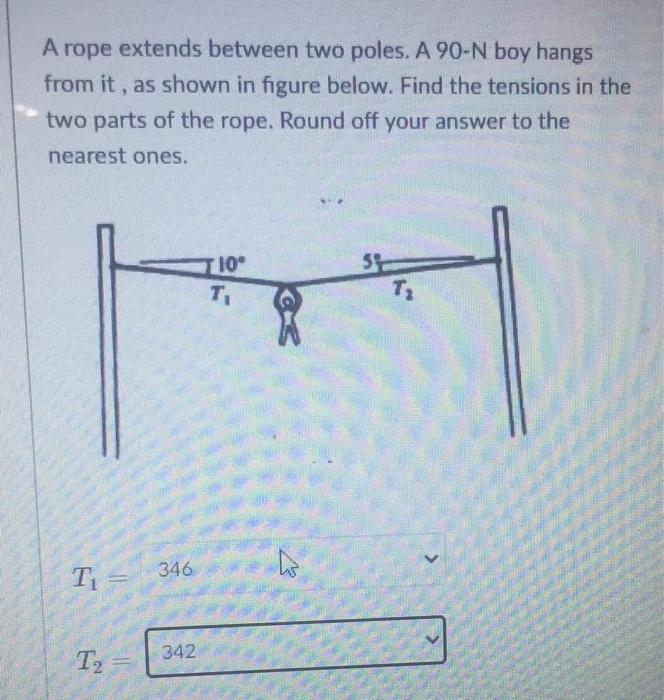 Solved A rope extends between two poles. A 90-N boy hangs | Chegg.com