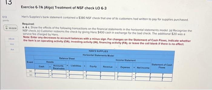 Solved Exercise 6.7A (Algo) Treatment of NSF check LO 6.3 | Chegg.com