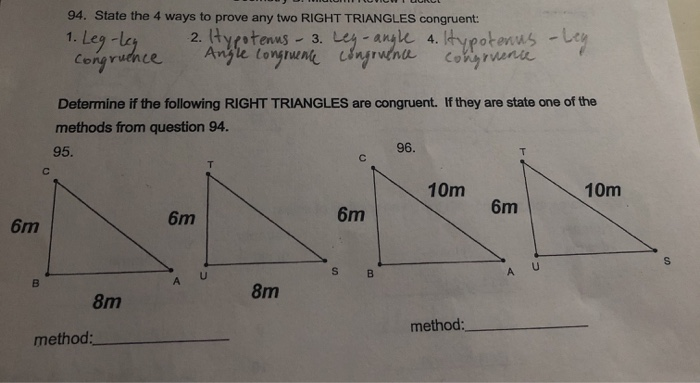 Solved 94. State the 4 ways to prove any two RIGHT TRIANGLES | Chegg.com