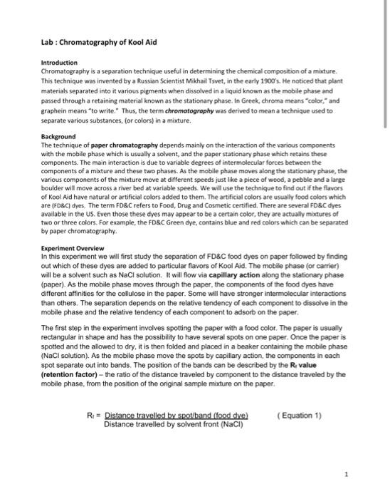 Solved Lab Chromatography of Kool Aid Introduction