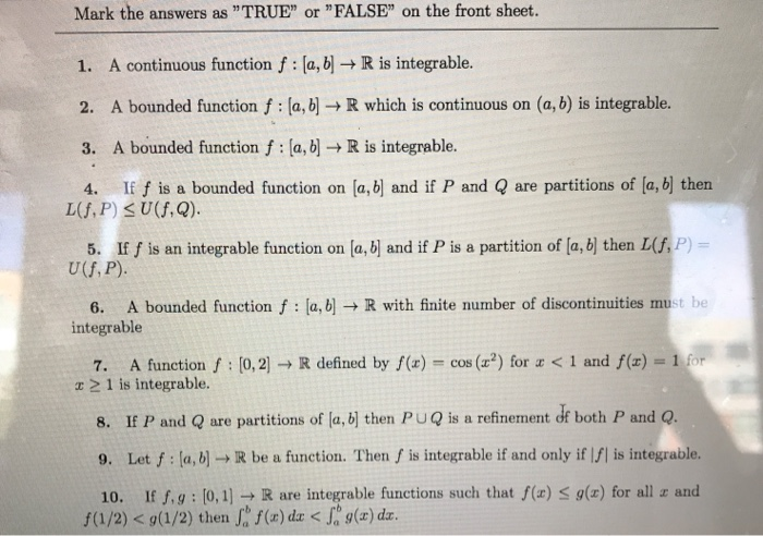 Solved Mark The Answers As True Or False On The Front Chegg Com