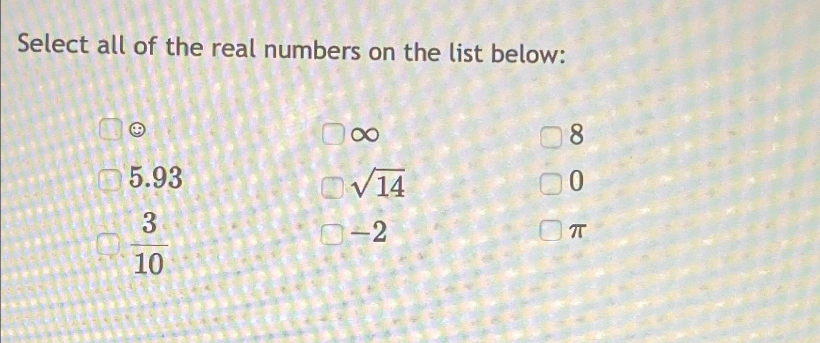 Solved Select all of the real numbers on the list | Chegg.com