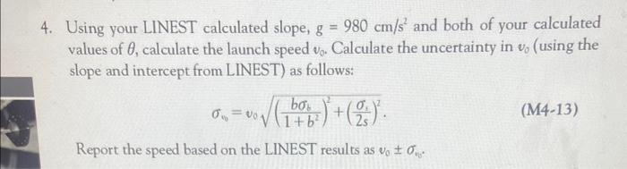 Using your LINEST calculated slope, g=980 cm/s2 and | Chegg.com