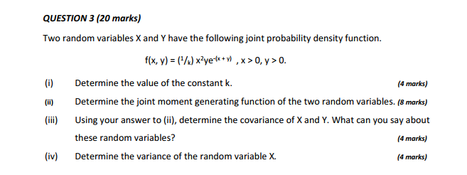 Solved QUESTION 3 (20 marks) Two random variables X and Y | Chegg.com