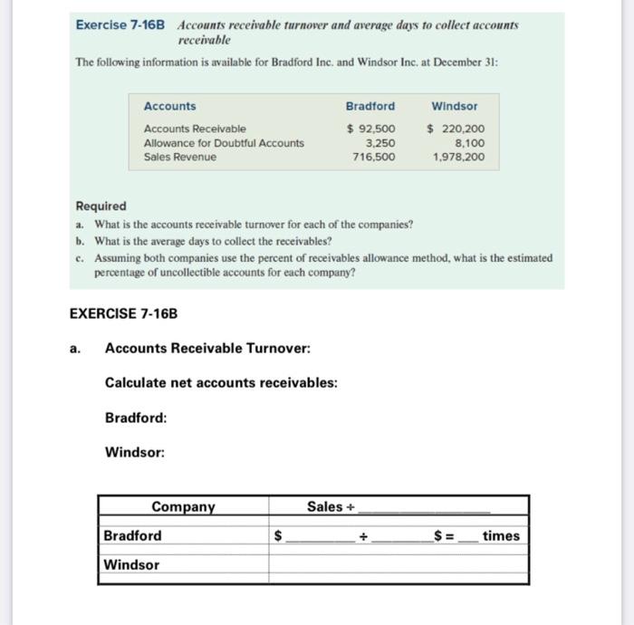 Solved Exercise 7-16B Accounts Receivable Turnover And | Chegg.com