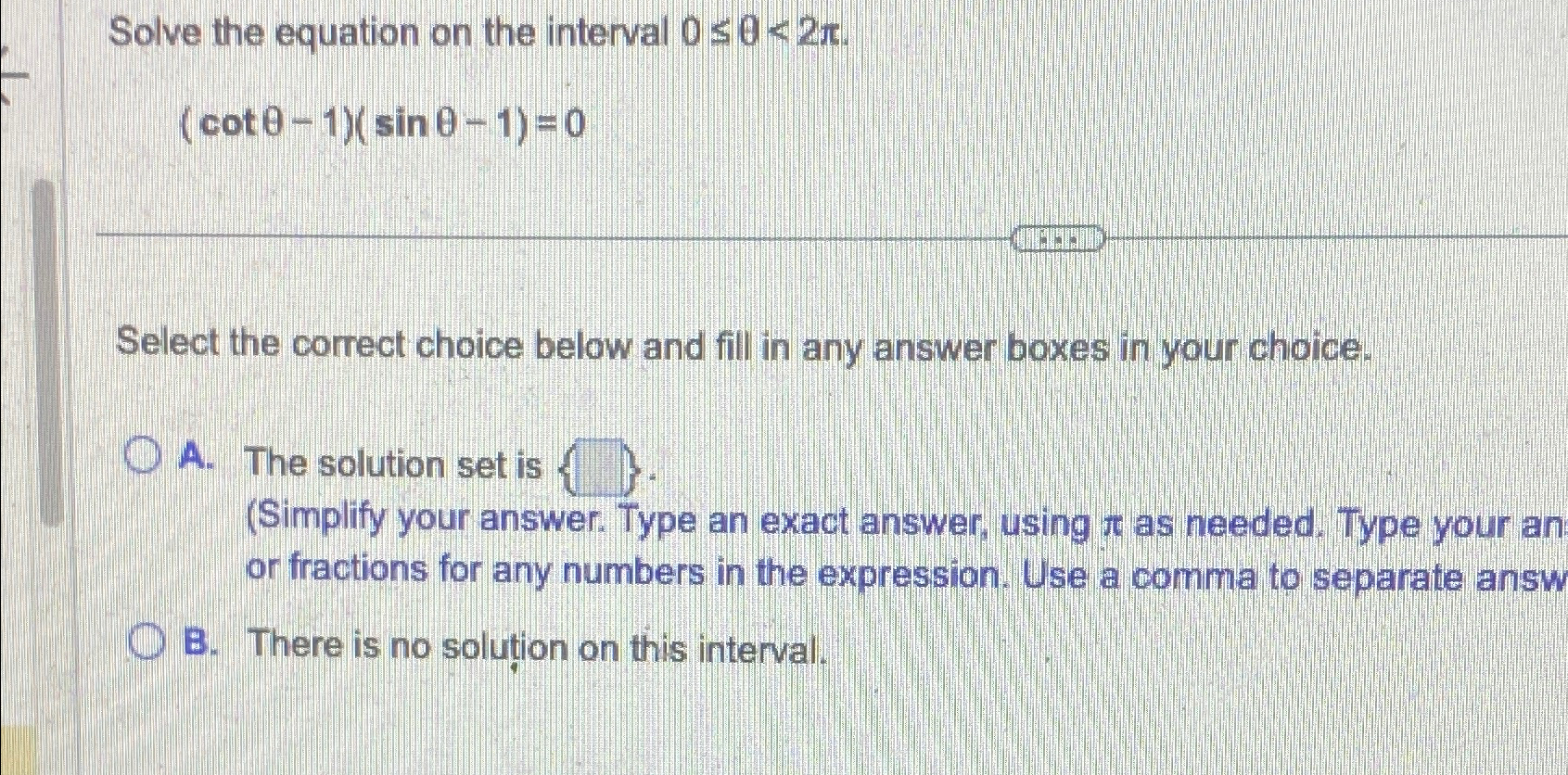 Solved Solve the equation on the interval | Chegg.com