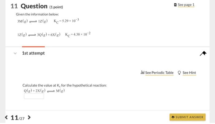 Solved See page 1 11 Question (1 point) Given the | Chegg.com