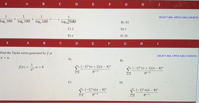 Solved 8 A B с D E F G H 1 SELECT ALL APPLICABLE CHOICES 1 1 | Chegg.com