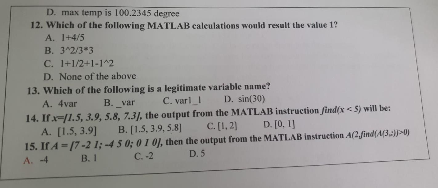 Solved 12. Which of the following MATLAB calculations would | Chegg.com