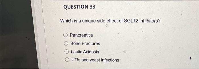 Which is a unique side effect of SGLT2 inhibitors?
Pancreatitis
Bone Fractures
Lactic Acidosis
UTIs and yeast infections