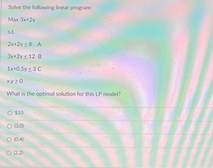 Solved Solve the following linear program: Max 3x+2y s.t. | Chegg.com