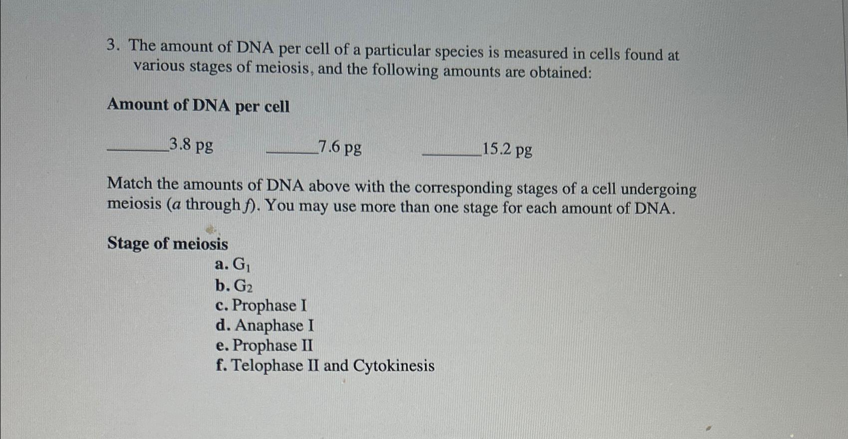Solved The amount of DNA per cell of a particular species is | Chegg.com