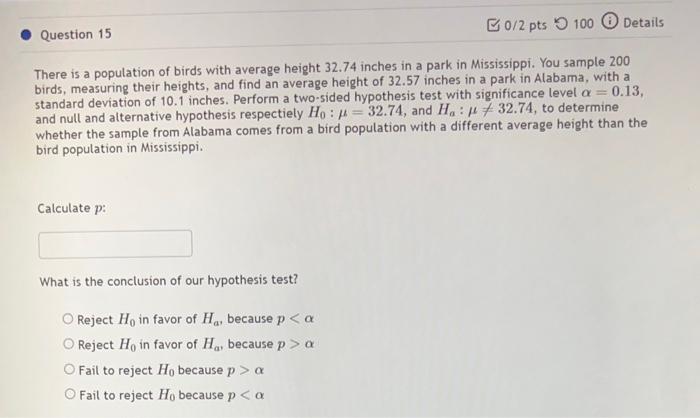 Solved There is a population of birds with average height | Chegg.com