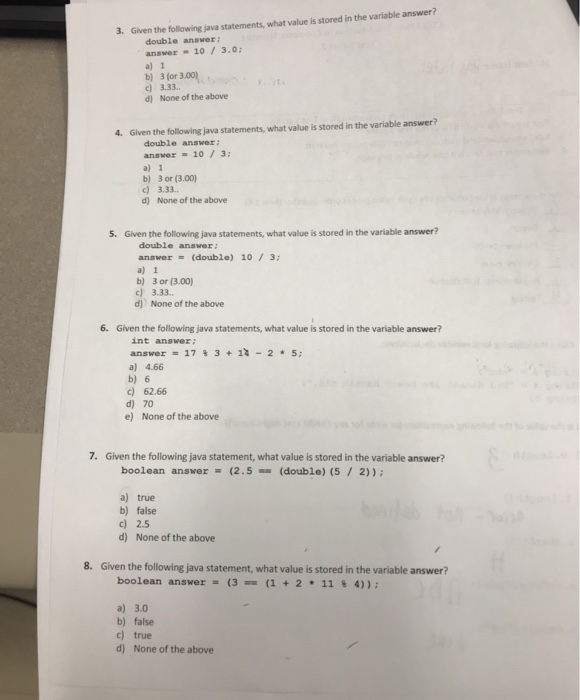 Solved 3. Given the following java statements, what value is | Chegg.com