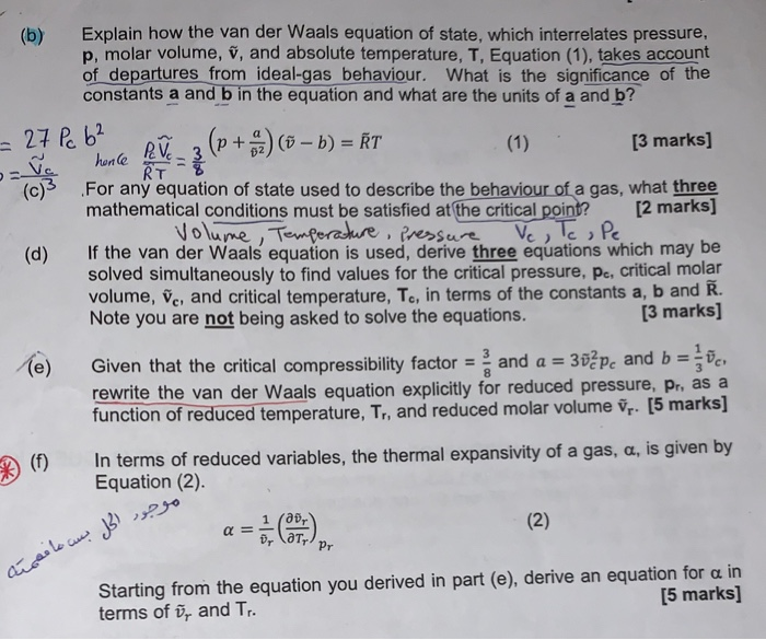 Solved (6) Explain How The Van Der Waals Equation Of State, | Chegg.com