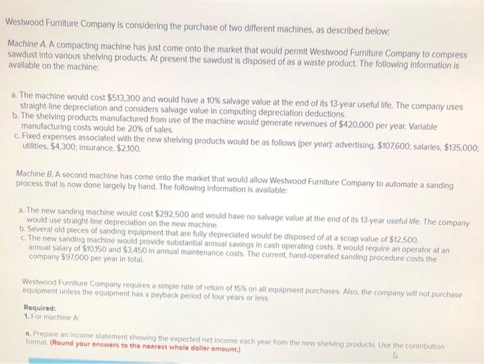 Solved Westwood Furniture Company is considering the