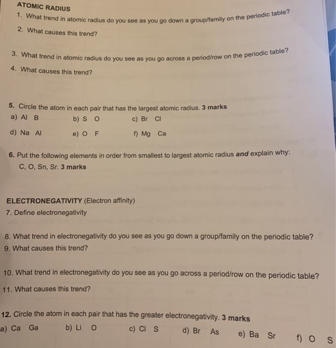 Solved ATOMIC RADIUS 1. What trend in atomic radius do you Chegg