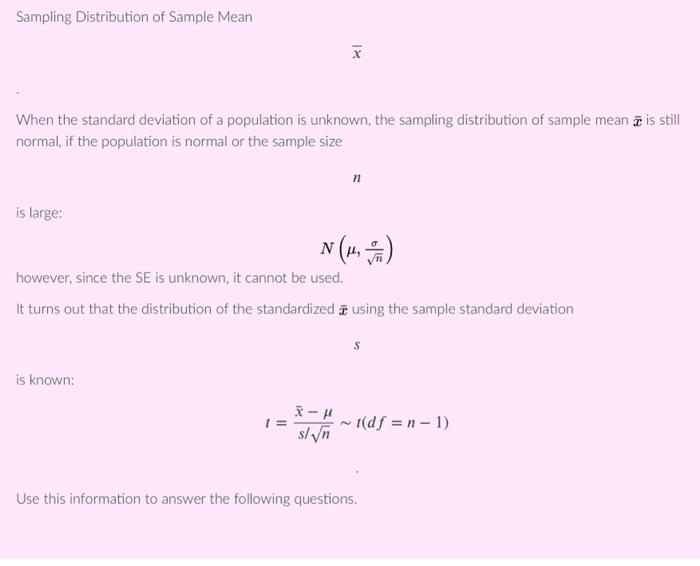 Solved Sampling Distribution of Sample Mean x When the | Chegg.com