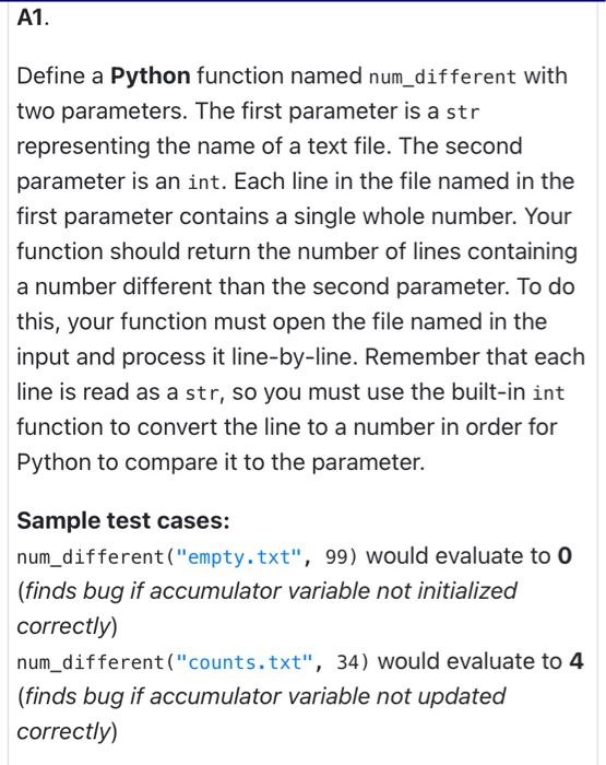 Solved A1. Define a Python function named num_different with | Chegg.com