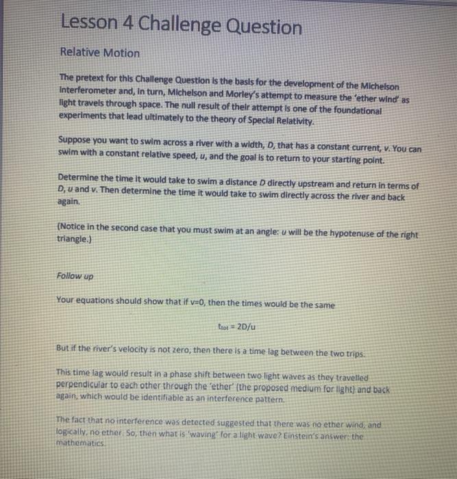 Solved Lesson 4 Challenge Question Relative Motion The | Chegg.com