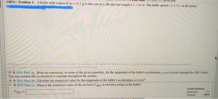 Solved (100%) Problem 1: A Bullet With A Mass Of M= 10.5 G | Chegg.com