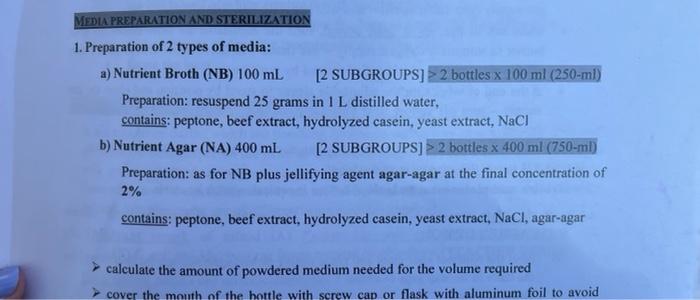 Solved MEDIA PREPARATION AND STERILIZATION 1. Preparation Of | Chegg.com