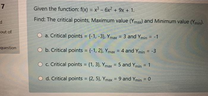 Solved 7 Given The Function F X X3 6x2 9x 1 Find