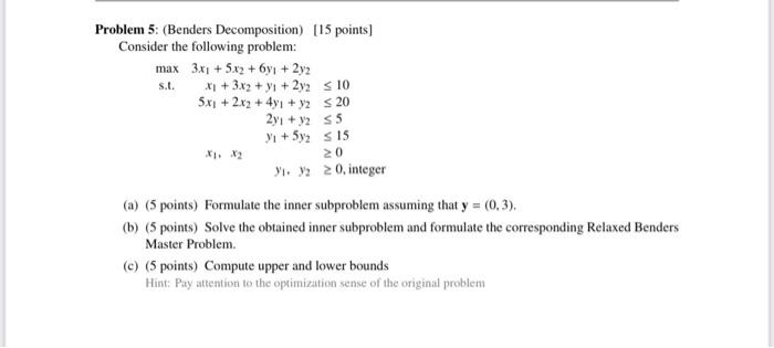 Solved Problem 5: (Benders Decomposition) [15 Points] | Chegg.com